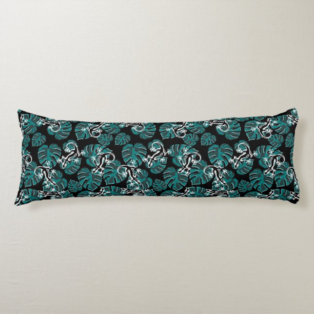 Coussins Longs Motif Noir Et Vert - Geckos Et Feuilles (Devant)