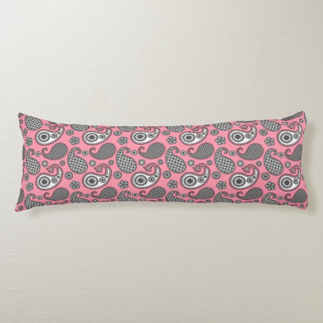 Coussins Longs Motif Paisley, tons gris sur rose (Devant)