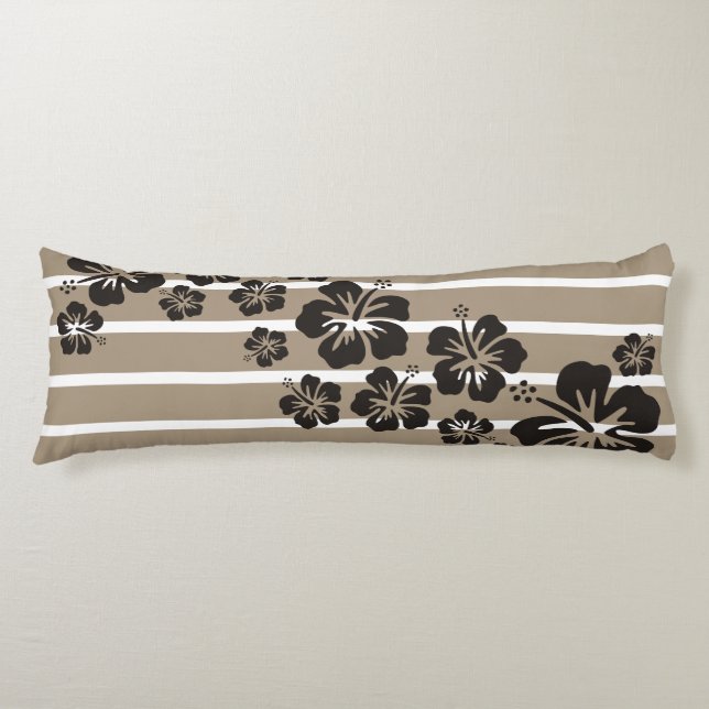 Coussins Longs Motif rayures fond pierre + fleurs d'hibiscus (Devant)