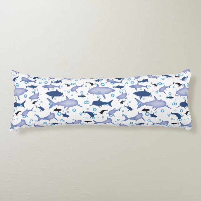 Coussins Longs Motif Répétition Blanc Et Bleu | Motif requin (Devant)