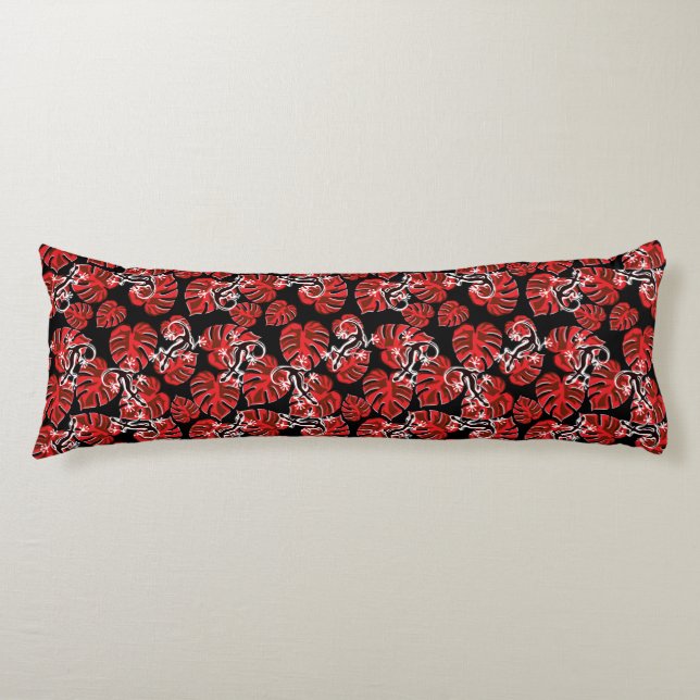Coussins Longs Motif Rouge Et Noir - Geckos Et Feuille (Devant)
