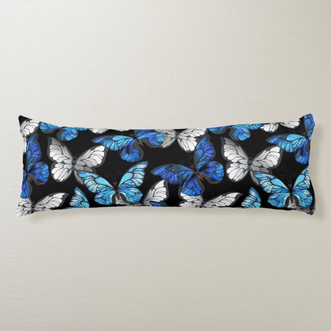 Coussins Longs Motif sans couleur foncée avec papillons bleus Mor (Devant)