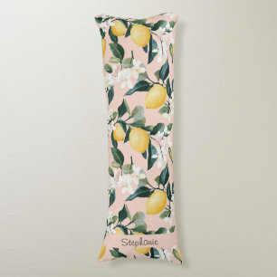 Coussins Longs Motif vintage citron et fleur sur rose