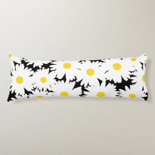 Coussins Longs Négative Space Daisies blanc jaune sur noir