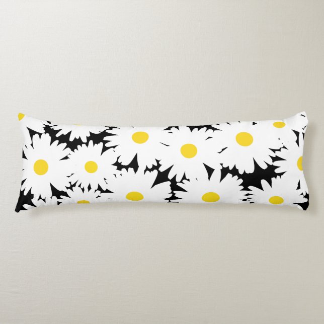 Coussins Longs Négative Space Daisies blanc jaune sur noir (Devant)