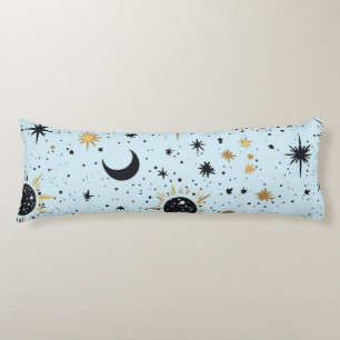 Coussins Longs Noir, Or et Bleu Soleil Lune Étoiles Célestes