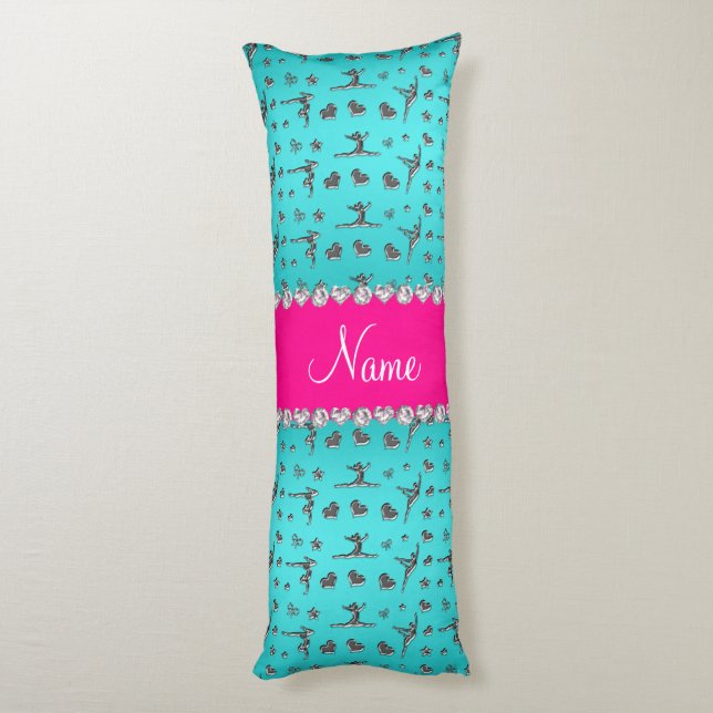 Coussins Longs Nom personnalisé argent turquoise gymnastique (Dos (Vertical))