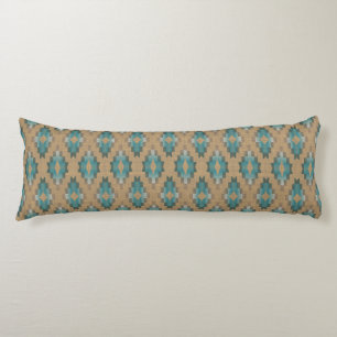 Coussins Longs Ochre Brown Taupe Turquoise Blue Tribal Art Motif