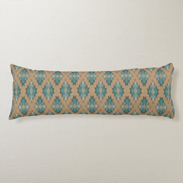 Coussins Longs Ochre Brown Taupe Turquoise Blue Tribal Art Motif (Devant)
