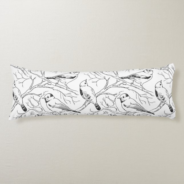 Coussins Longs Oiseaux dessinés à la main motif noir et blanc Mod (Devant)