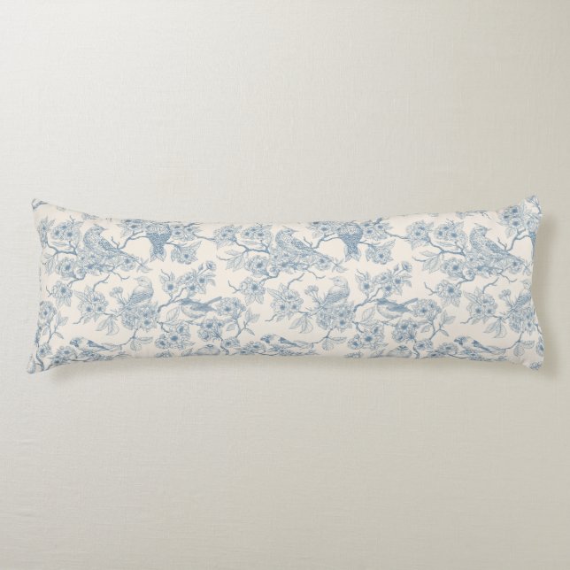 Coussins Longs Oiseaux et fleurs de cerisier en bleu et blanc cas (Devant)