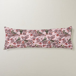 Coussins Longs Oiseaux et fleurs de cerisier sur fond rose saumon