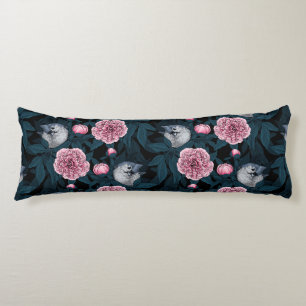Coussins Longs Oiseaux et fleurs de pivoines roses avec feuille