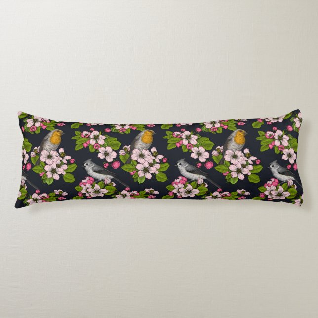 Coussins Longs Oiseaux et fleurs en noir (Devant)