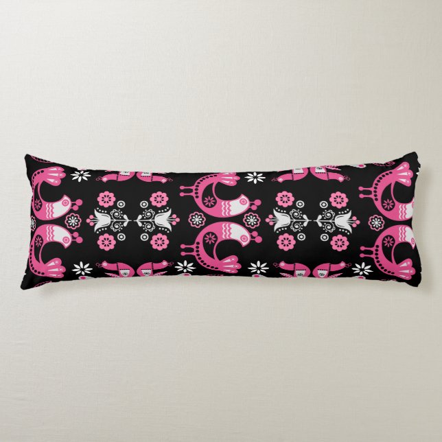 Coussins Longs Oiseaux roses et blancs du folklore scandinave (Devant)