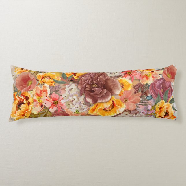 Coussins Longs Orange Bourgogne Automne Floral Aquarelle    (Devant)