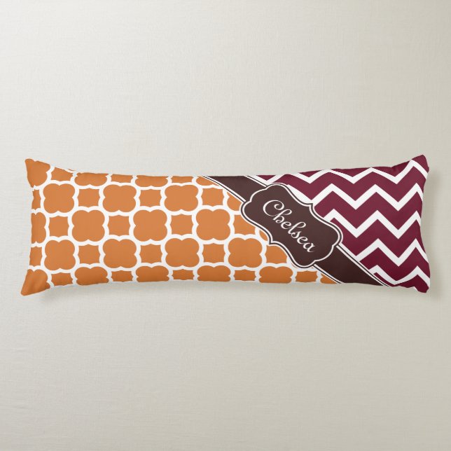 Coussins Longs Orange Lattice Maroon Chevron Motifs Nom Brown (Devant)
