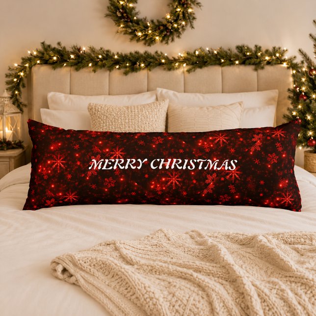 Coussins Longs Oreiller corps flocons de neige blancs fond rouge  (White Snowflakes Deep Red Background Body Pillow)