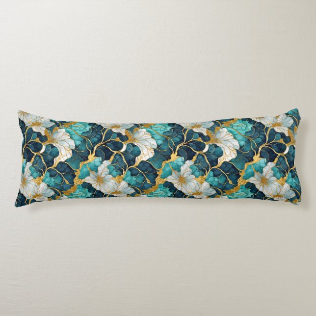 Coussins Longs Oreiller de corps Fleur Japonais Sarcelle Or (Devant)