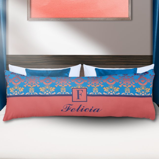 Coussins Longs Oreiller personnalisé monogramme damassé corail bl (Créateur téléchargé)