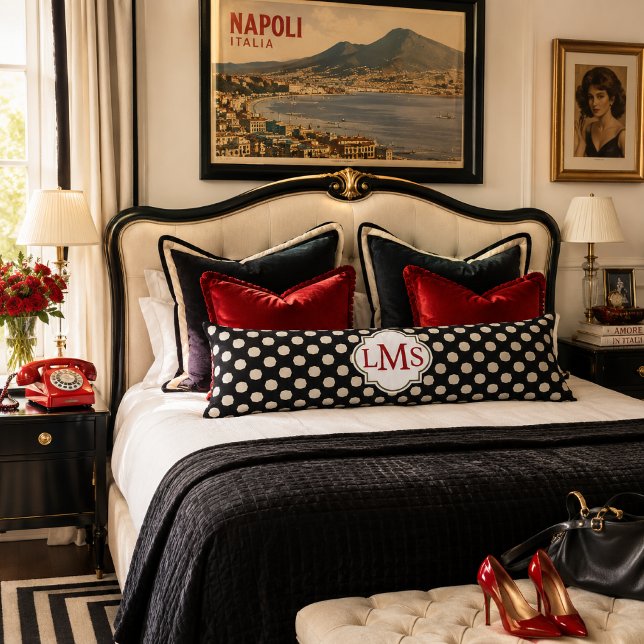 Coussins Longs Oreiller Rétro Noir et Crème à Points Corps (Glam Retro Mod Monogrammed Polka Dot Body Pillow)