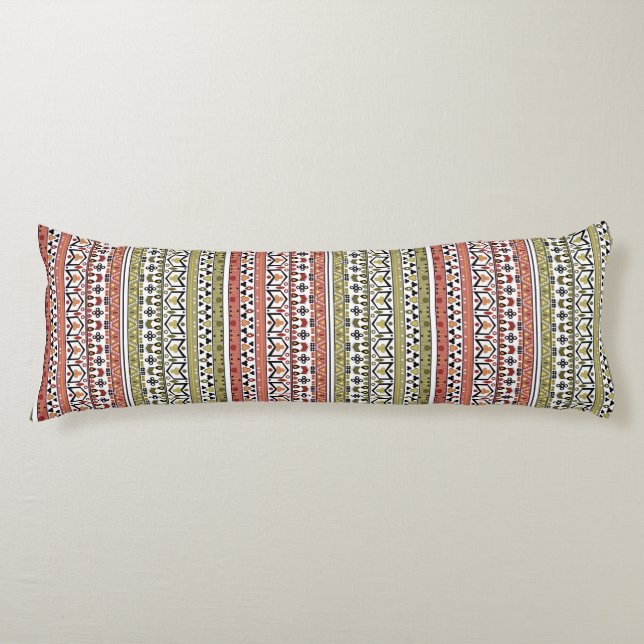 Coussins Longs Ornement ethnique géométrique olive et marron (Devant)