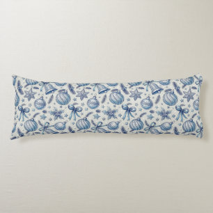 Coussins Longs Ornements de Noël en toile bleue, cloches et ruban