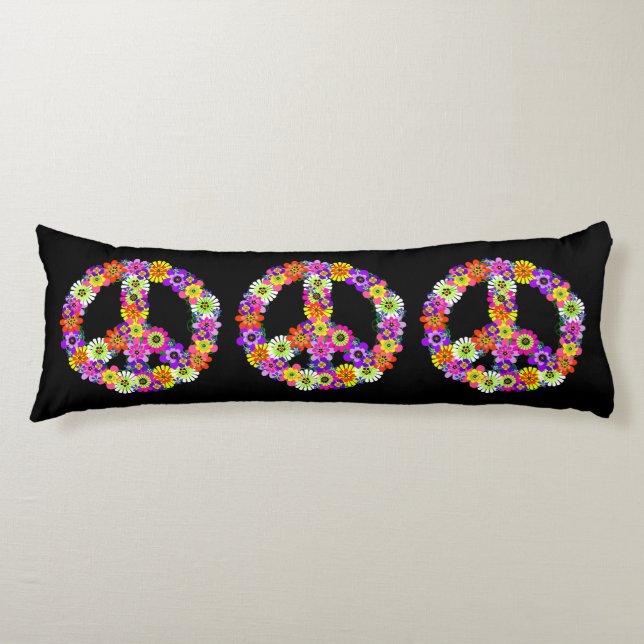 Coussins Longs Panneau de paix Floral en noir (Devant)