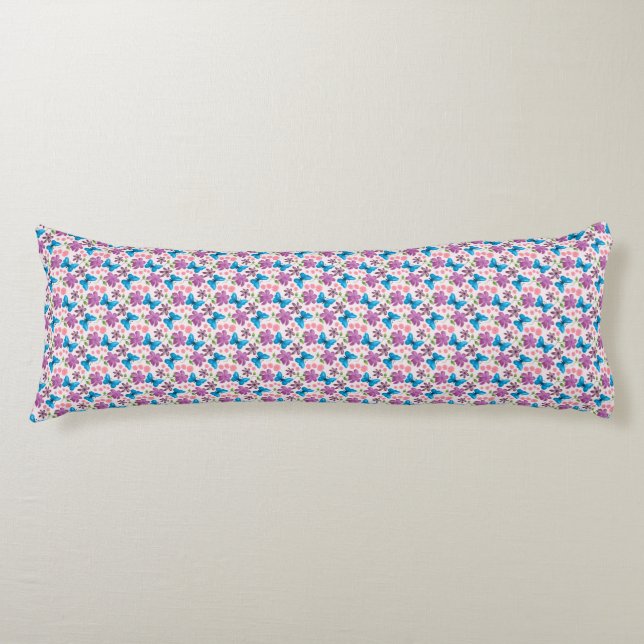 Coussins Longs Papillon bleu et motif floral violet (Devant)
