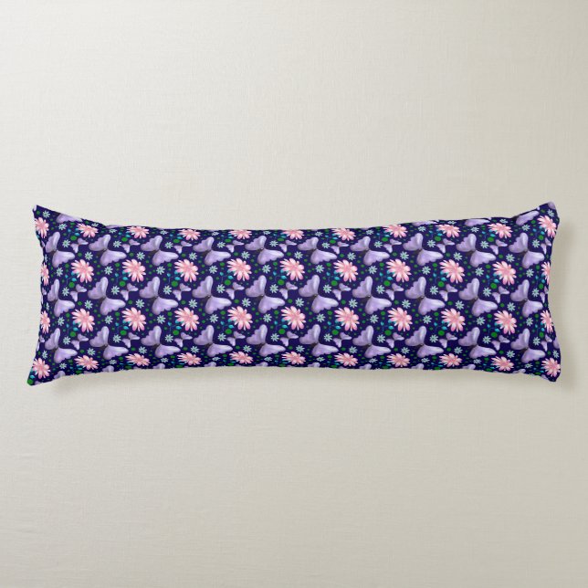 Coussins Longs Papillon Violet et Motif Floral Rose  (Devant)
