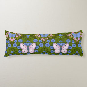 Coussins Longs Papillons et symétrie des fleurs, bleu et rose