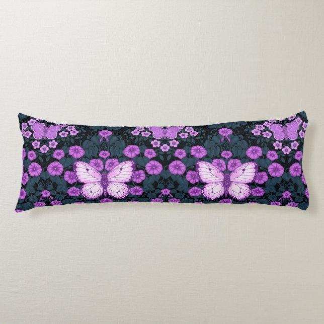 Coussins Longs Papillons et symétrie des fleurs, violet et bleu (Devant)