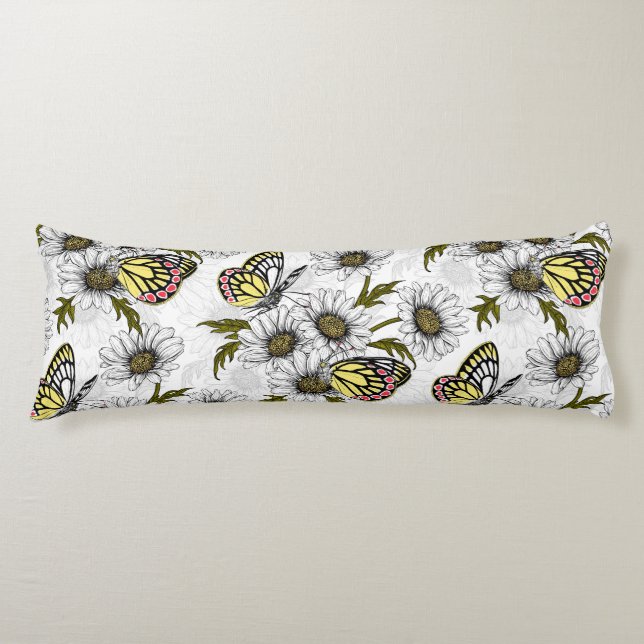 Coussins Longs Papillons Jézabel et fleurs marguerites sur blanc (Devant)