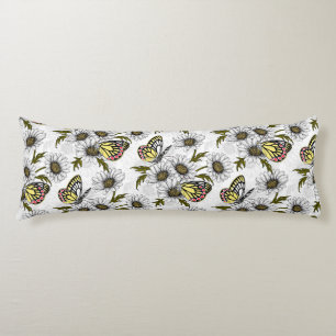 Coussins Longs Papillons Jézabel et fleurs marguerites sur blanc