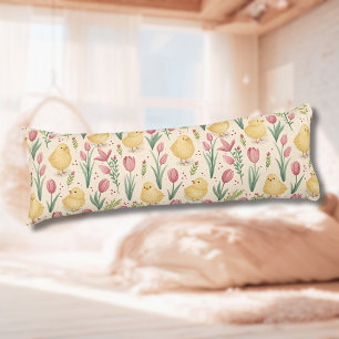 Coussins Longs Pâques vintage poussins jaunes mignons tulipes rou