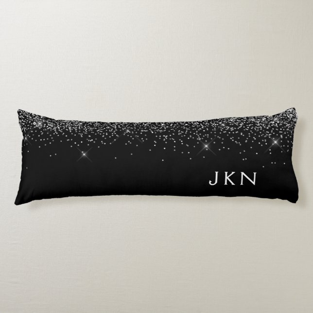 Coussins Longs Parties scintillant d'argent noir Monogramme Nom G (Devant)