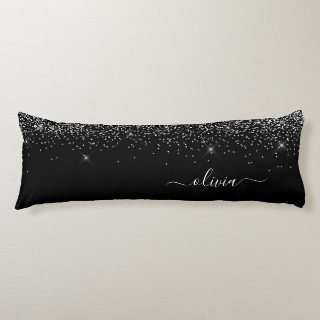 Coussins Longs Parties scintillant d'argent noir Monogramme Nom G (Devant)