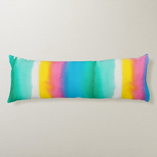 Coussins Longs Pastel Rainbow Watercolor Motif rayé Moderne (Devant)