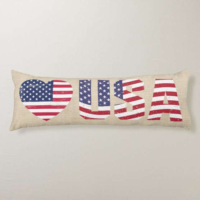 Coussins Longs Patriotique Drapeau Amour Coeur USA Country Burlap (Devant)