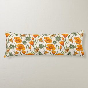 Coussins Longs Pavot de Californie et papillons de nuit sur blanc