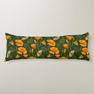 Coussins Longs Pavot de Californie et papillons de nuit sur vert
