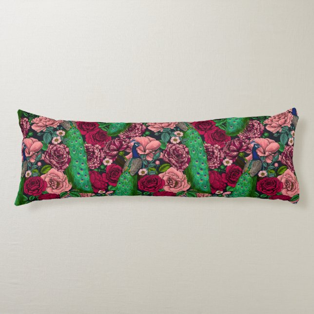 Coussins Longs Peacocks dans le jardin rose 2 (Devant)