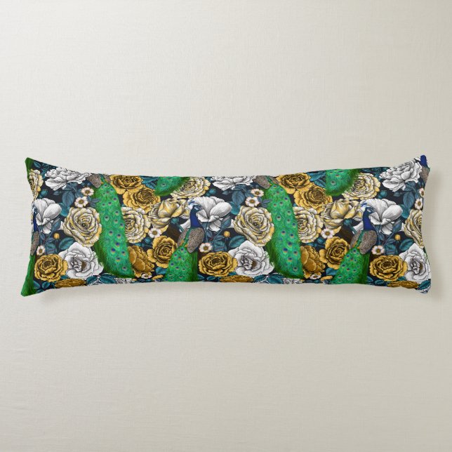 Coussins Longs Peacocks dans le jardin rose 3 (Devant)