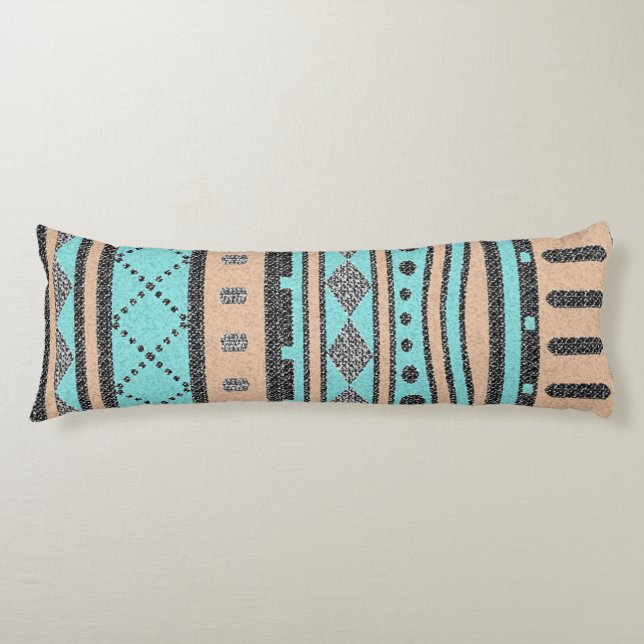 Coussins Longs Pêche Et Motif Tribal Turquoise (Devant)
