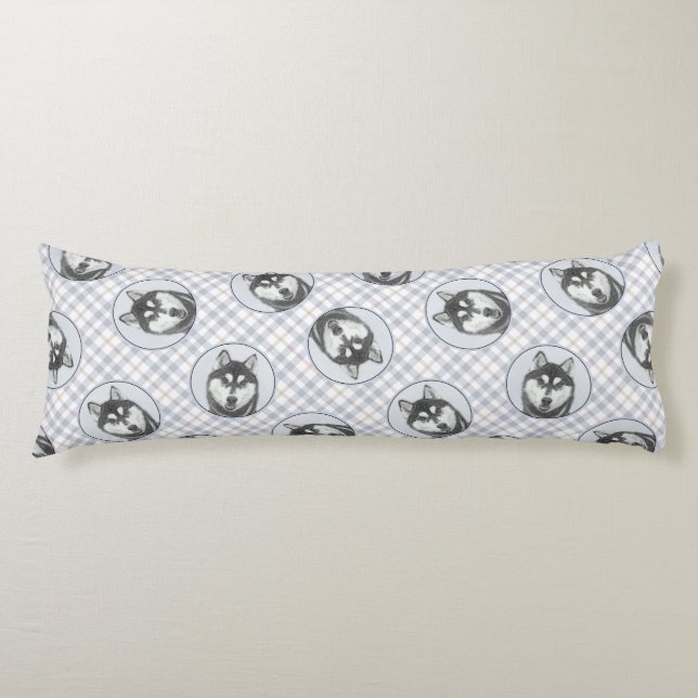 Coussins Longs Peinture sibérienne Husky art Chien noir et blanc (Devant)