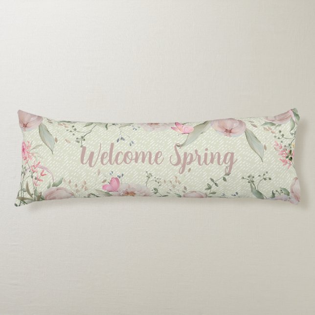 Coussins Longs Peony & Butterflies Sage Green Welcome Spring (Devant)