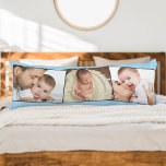 Coussins Longs Photo bébé ZigZag Photo Montage personnalisé<br><div class="desc">Créez votre propre coussin unique avec 3 de vos photos préférées pour bébé. Le modèle photo est monté pour créer le collage photo dans un subtil montage en zigzag. Vos photos sont présentées en format paysage et encadrées d'une bordure gris étroit. Vous pouvez également ajouter le nom et la date...</div>