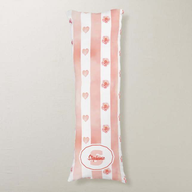 Coussins Longs Pink and White Stripe - Coeurs, Rose, Empreinte de (Devant (Vertical))