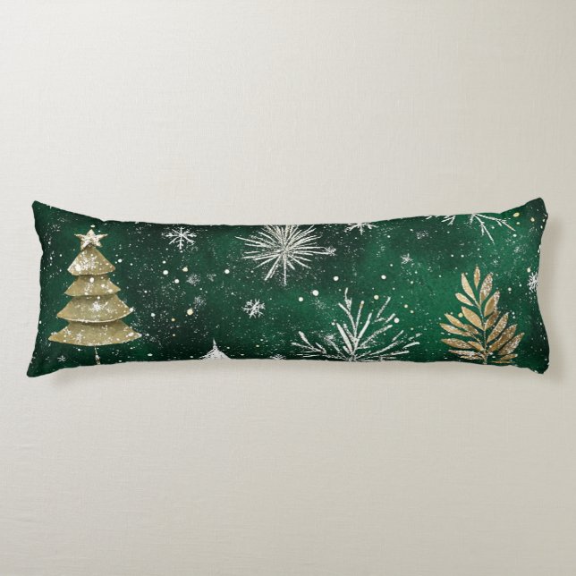 Coussins Longs Pins d'or Silver Snowflakes Hunter Green (Devant)