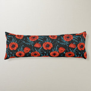 Coussins Longs Poppies, rouge et bleu sur noir